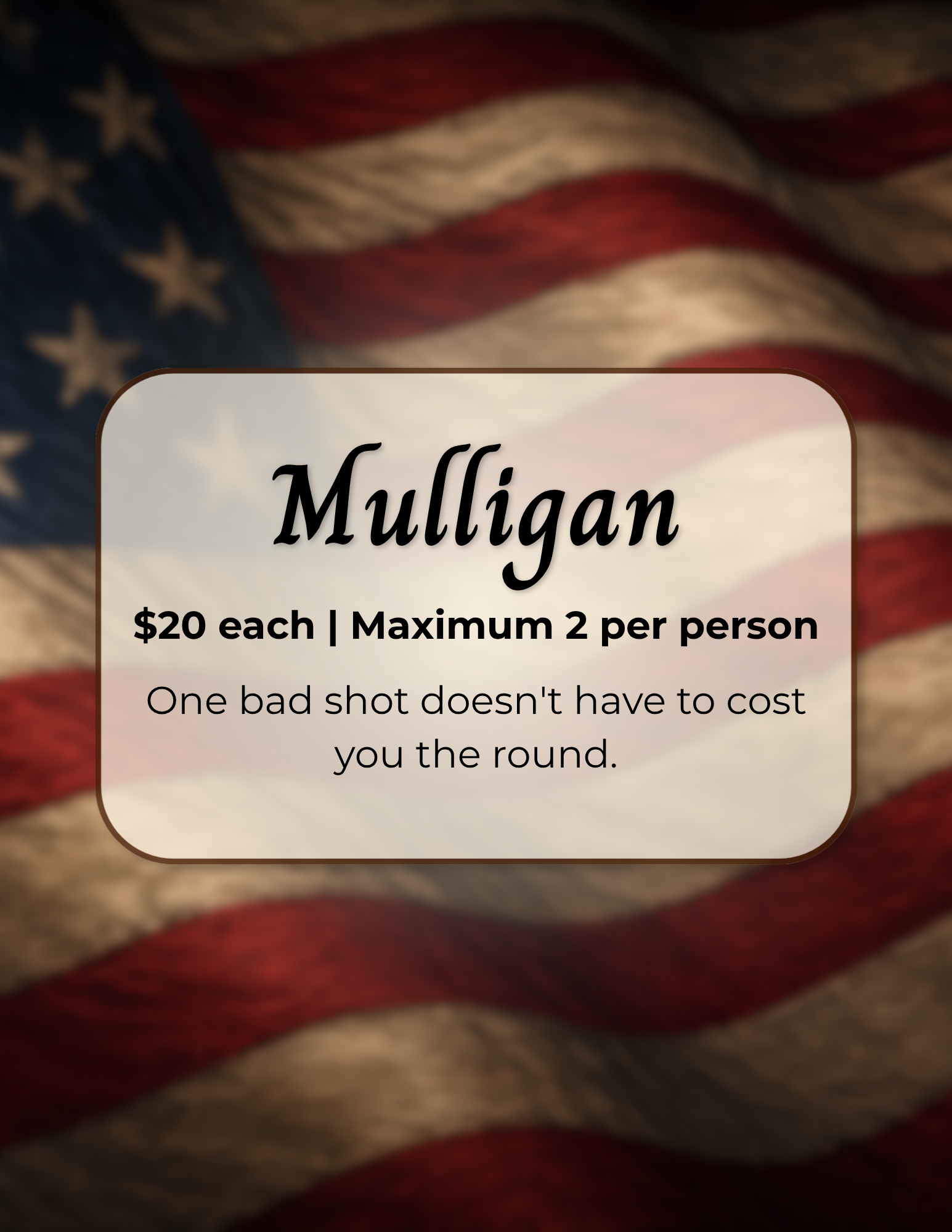 Close-up of a Twizzlers candy stick with a blurred American flag background, with a label advertising Mulligan for $20 each or up to 2 per person, with a mention that one bad shot doesn't have to cost you the round.