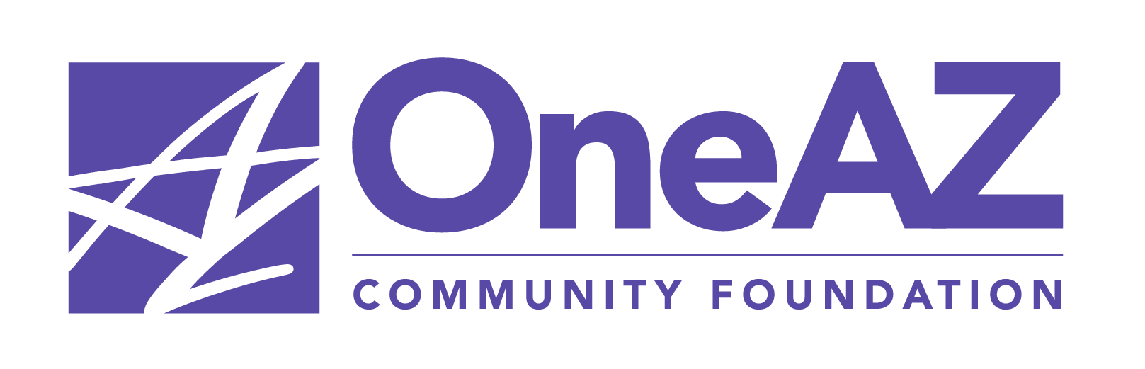 Logo of the OneAZ Community Foundation with stylized geometric design on the left and the words "OneAZ Community Foundation" in bold purple letters on a white background.