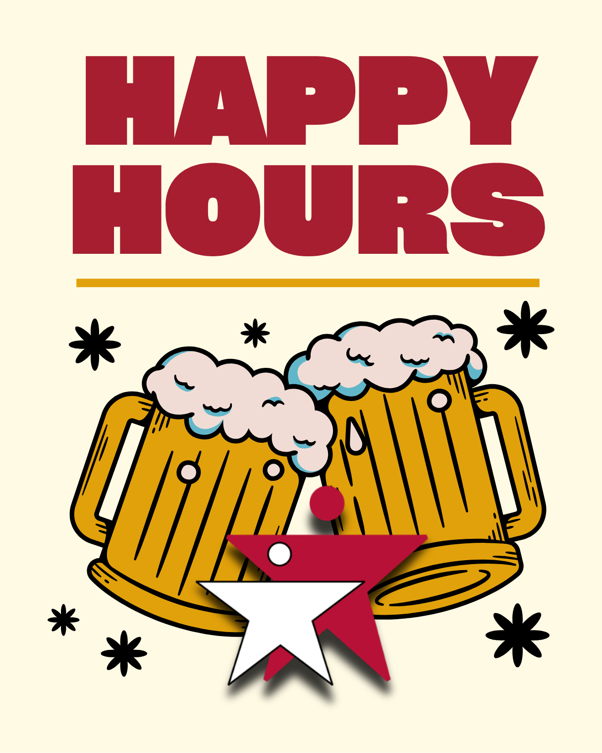 Happy Hours promotional graphic featuring two illustrated beer mugs clinking with foam overflowing, the MentorKids logo in front, and decorative black starbursts on a cream background. Text reads “Happy Hours” in bold red lettering.