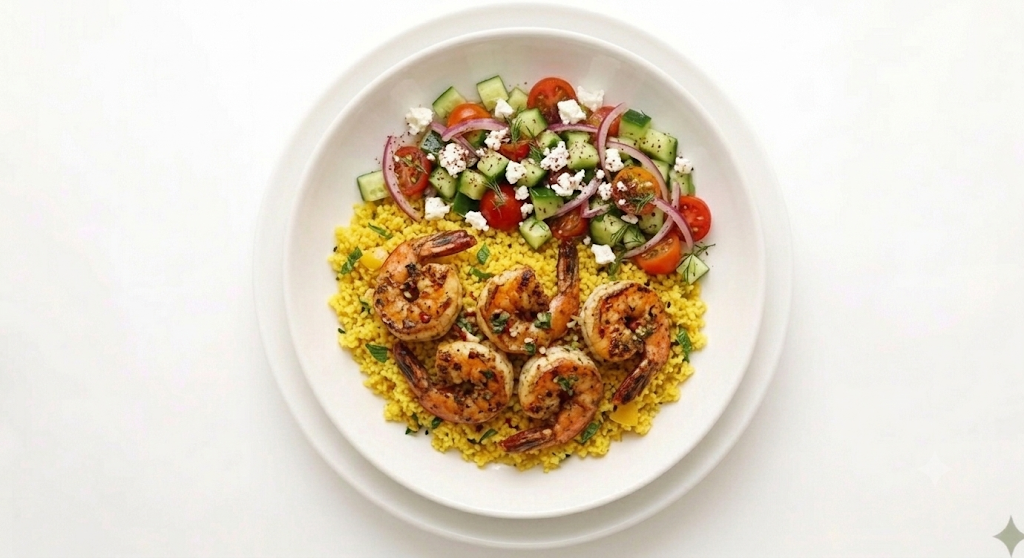 Shrimp served over yellow rice with a side of cucumber and cherry tomato salad topped with crumbled feta cheese.