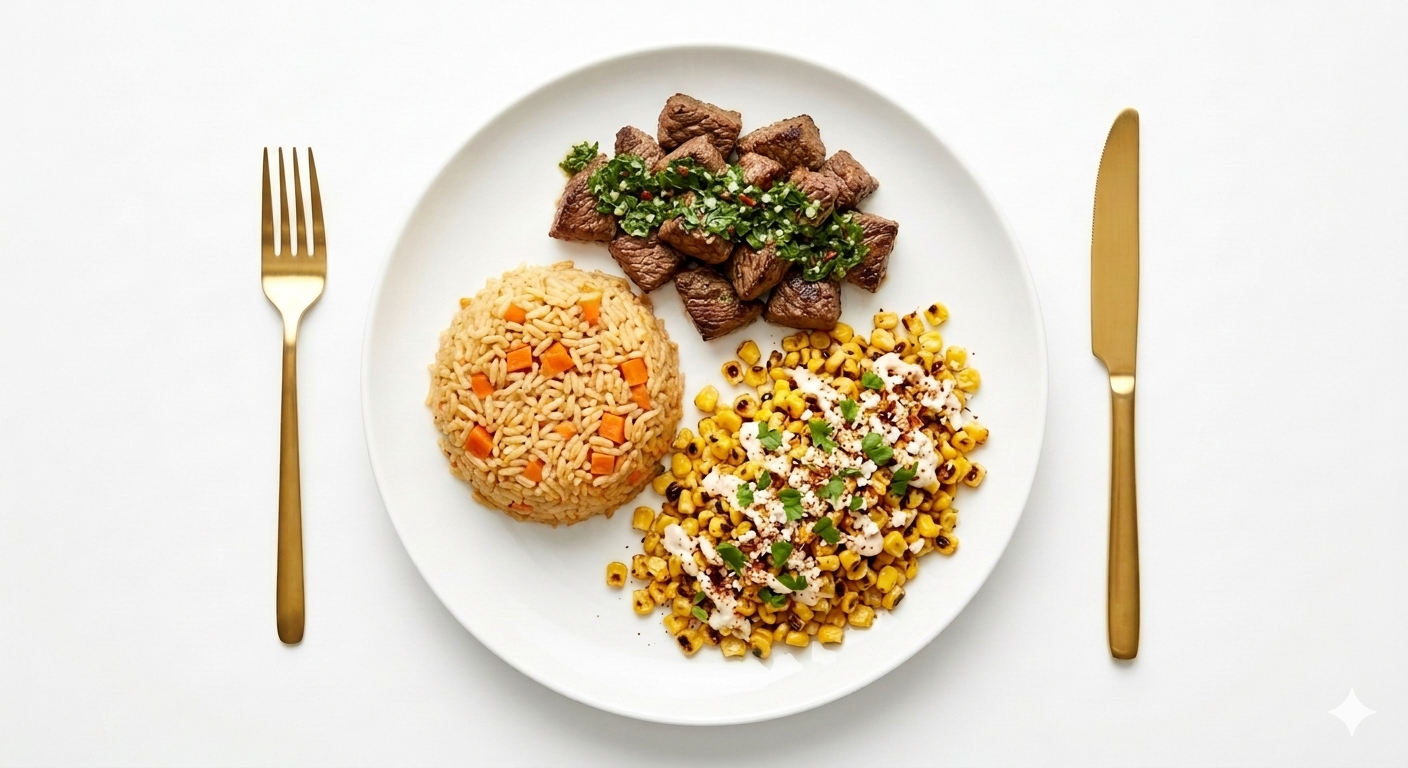 A white plate with rice and vegetable dish, a serving of grilled steak topped with herbs, and a corn salad topped with cheese and green herbs. Gold fork and knife on a white background.