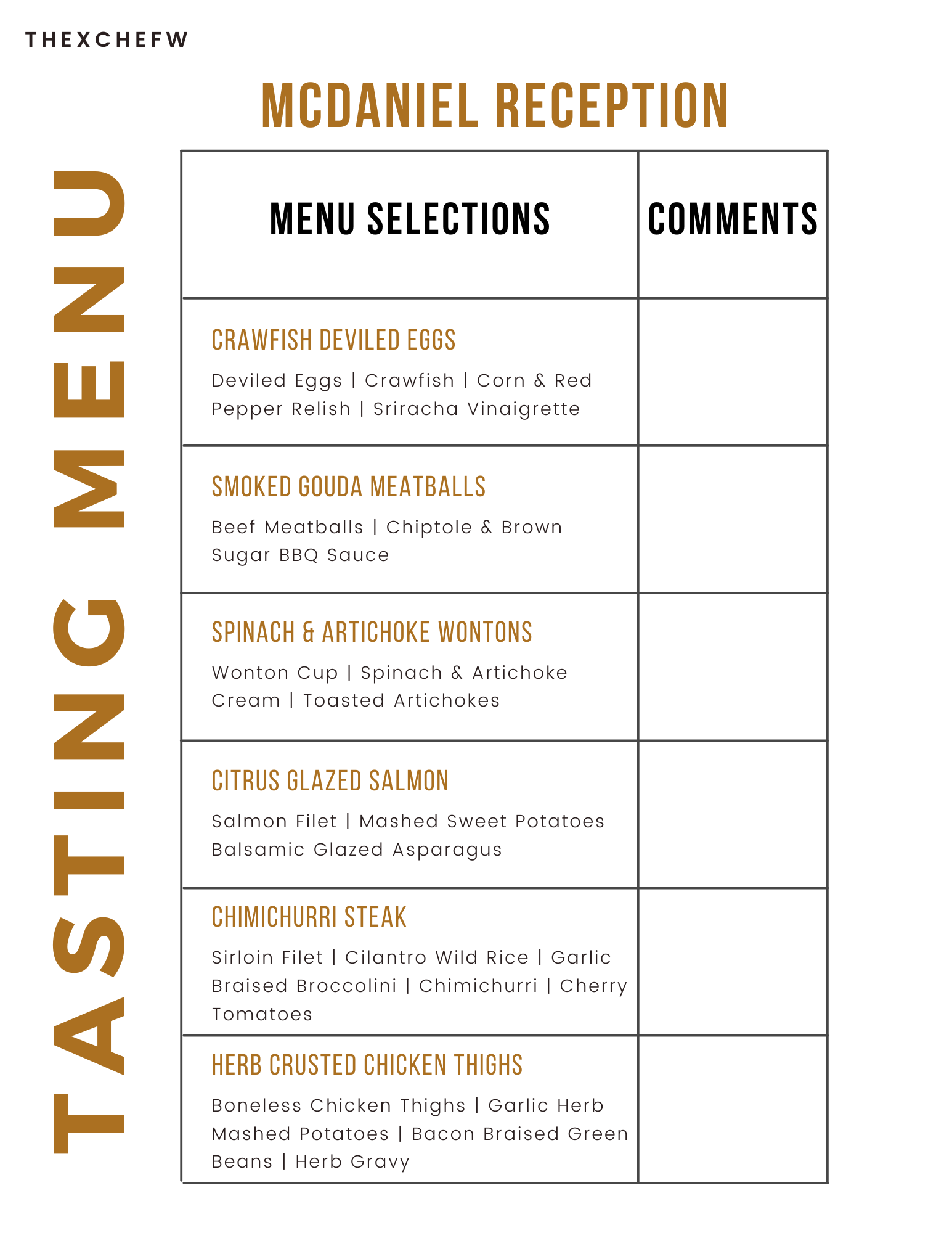 Menu for McDaniel Reception with options including Crawfish Deviled Eggs, Smoked Gouda Meatballs, Spinach & Artichoke Wontons, Citrus Glazed Salmon, and Herb Crusted Chicken Thighs.