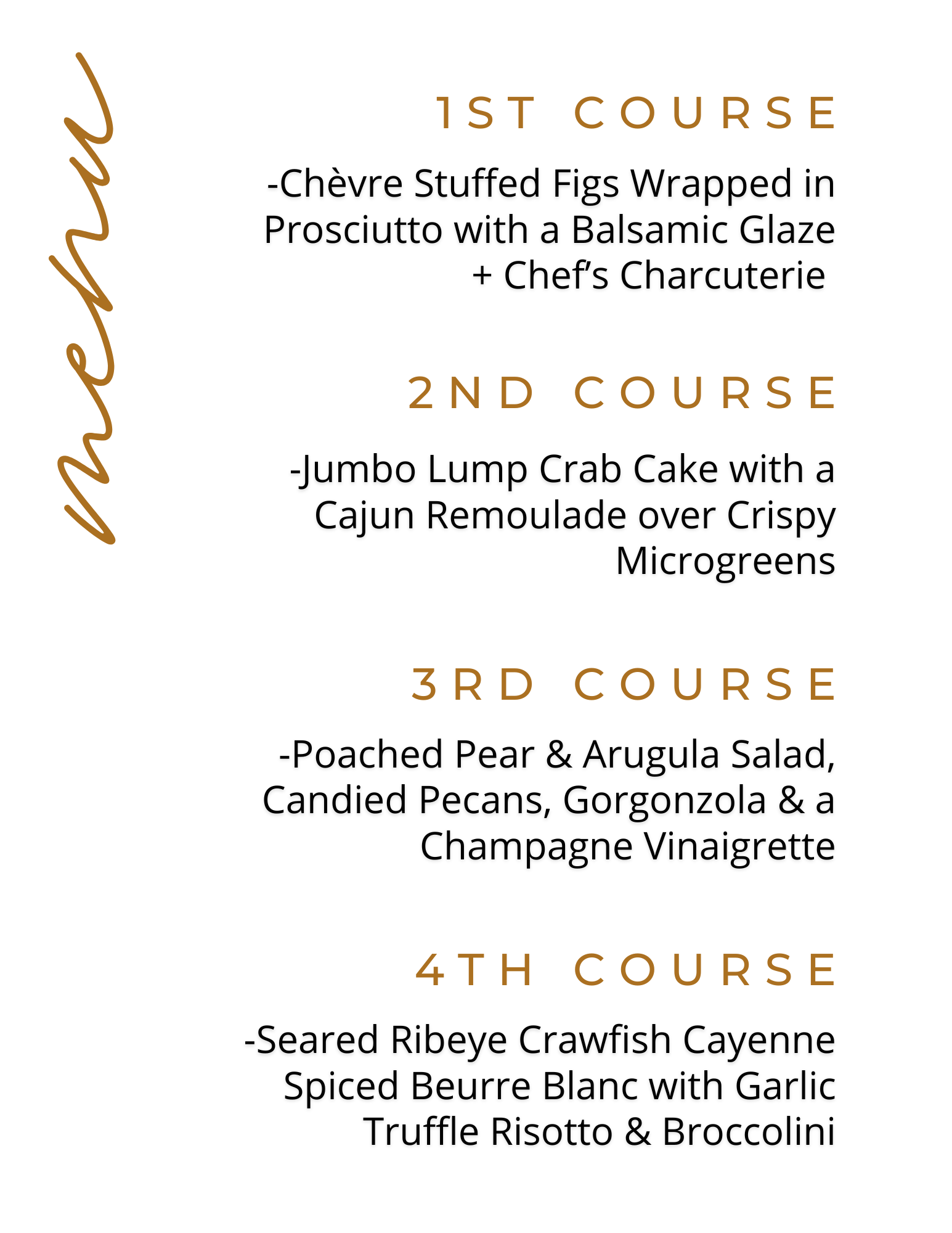 A gourmet restaurant menu with brown and black text on a white background, listing four courses including stuffed figs, crab cake, seared crawfish, and a description of each dish.