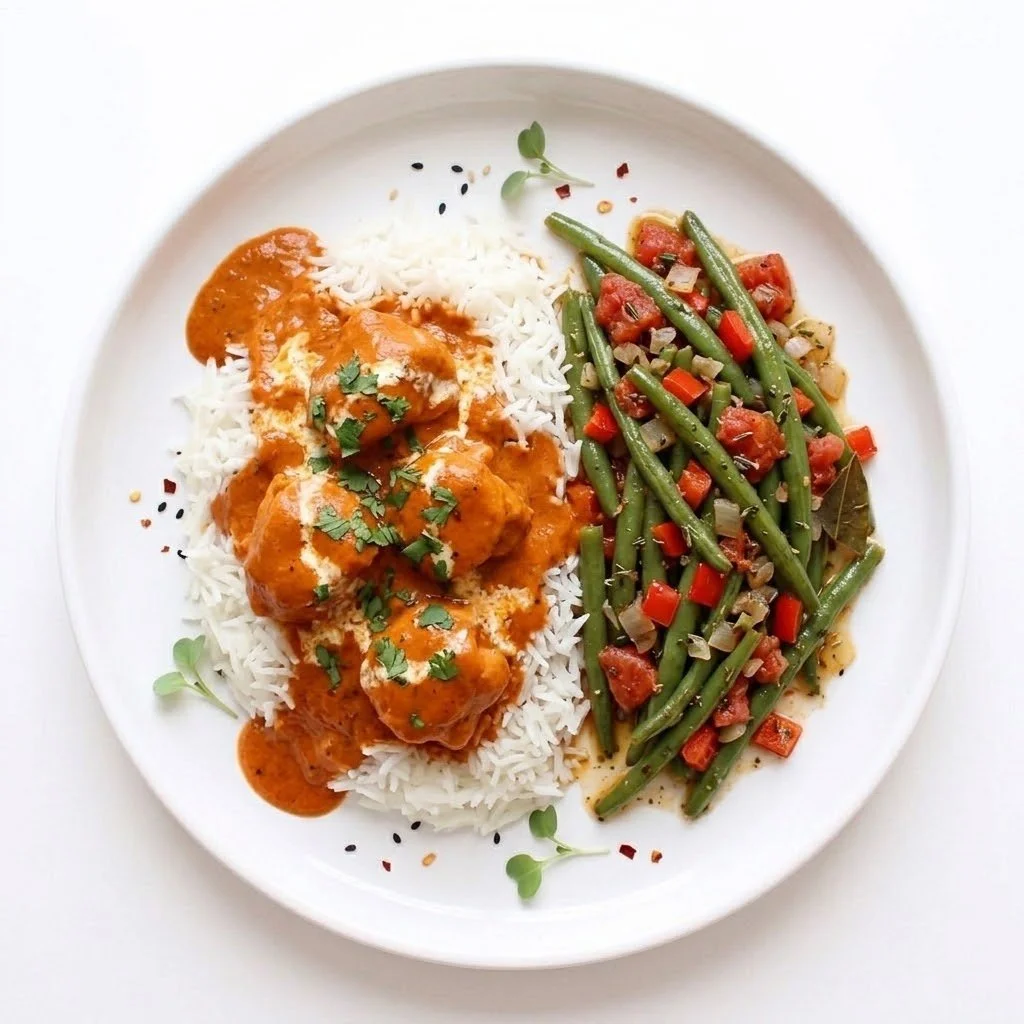 A white plate with a serving of rice topped with chicken in orange sauce and garnished with cilantro, alongside green beans with chopped carrots, celery, and diced tomatoes.