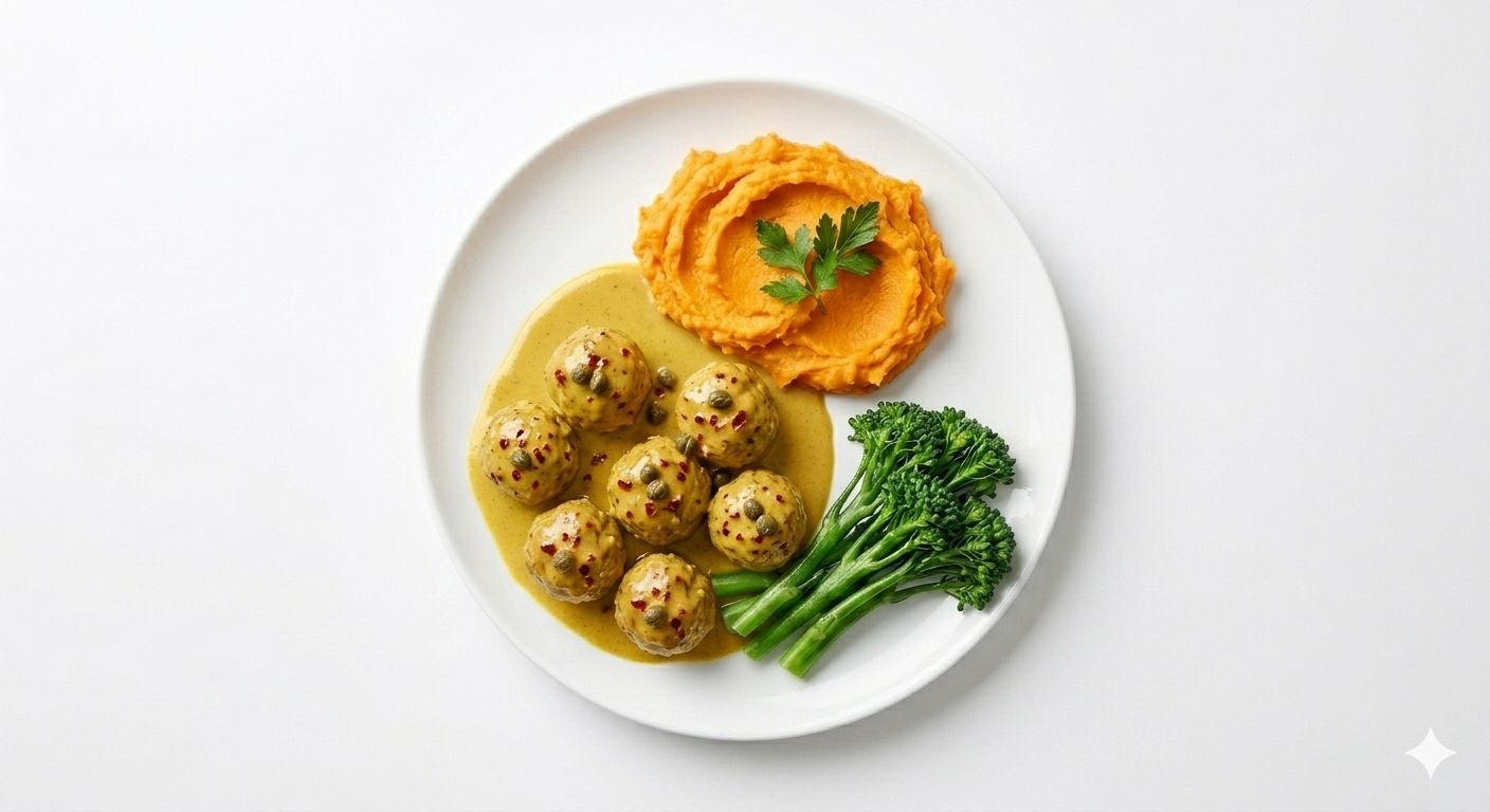 Plate of mashed sweet potatoes topped with a sprig of parsley, a serving of green broccolini, and a portion of Swedish meatballs with creamy sauce and red pepper flakes on top.