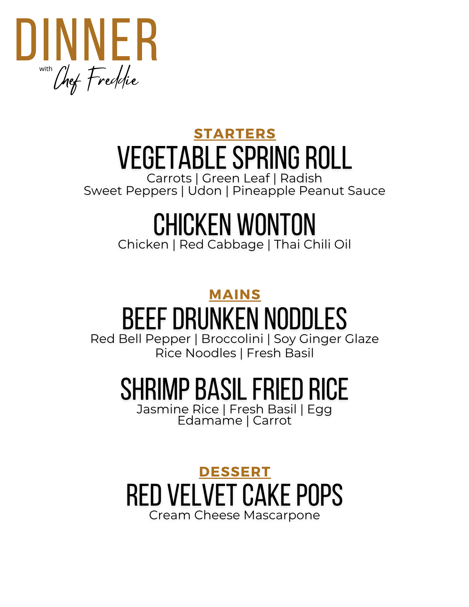 A dinner menu listing appetizers, main courses, and desserts with item names and descriptions.