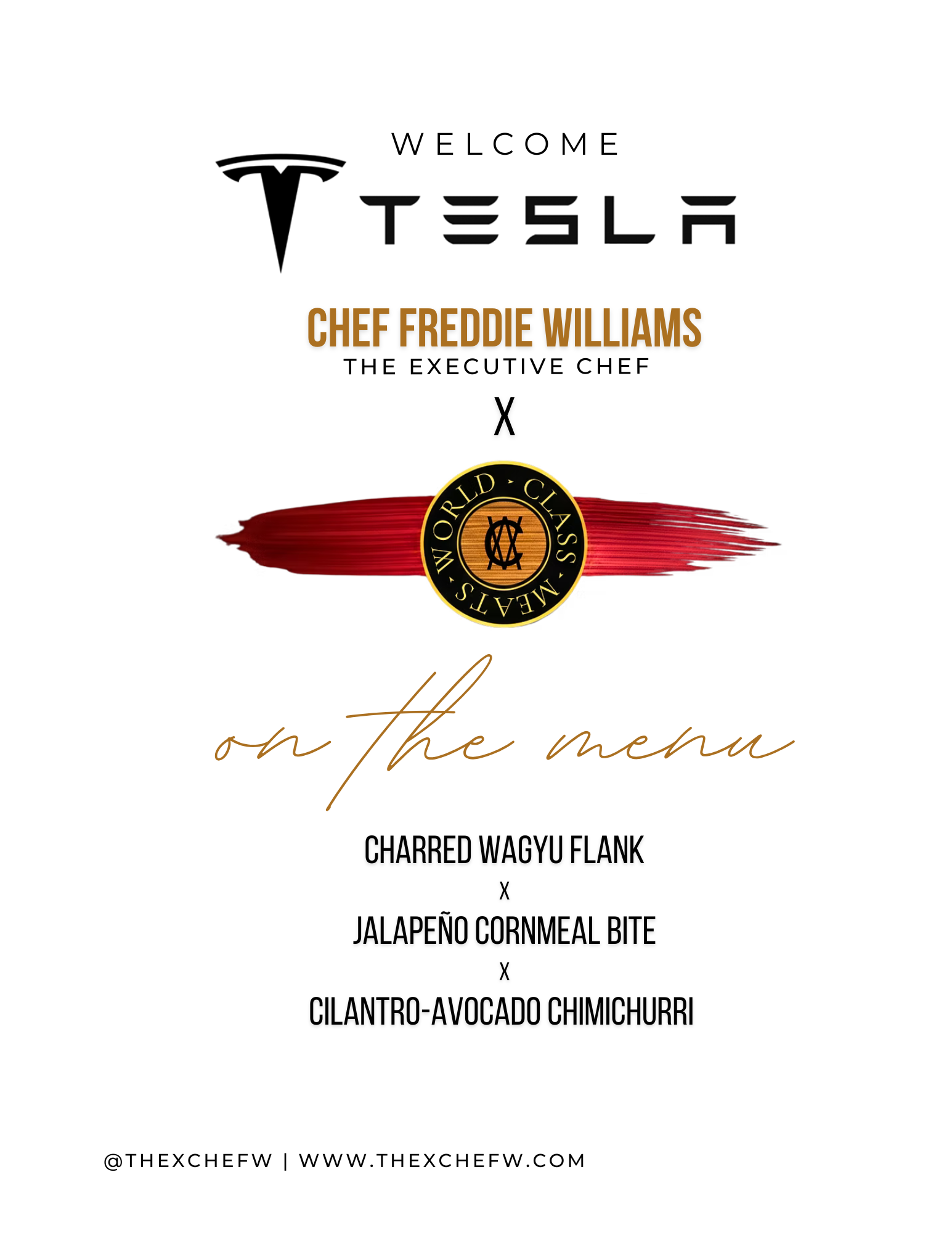 Menu offering three tacos: Charred Wagyu Flank, Jalapeño Cornmeal Bite, Cilantro-Avocado Chimichurri