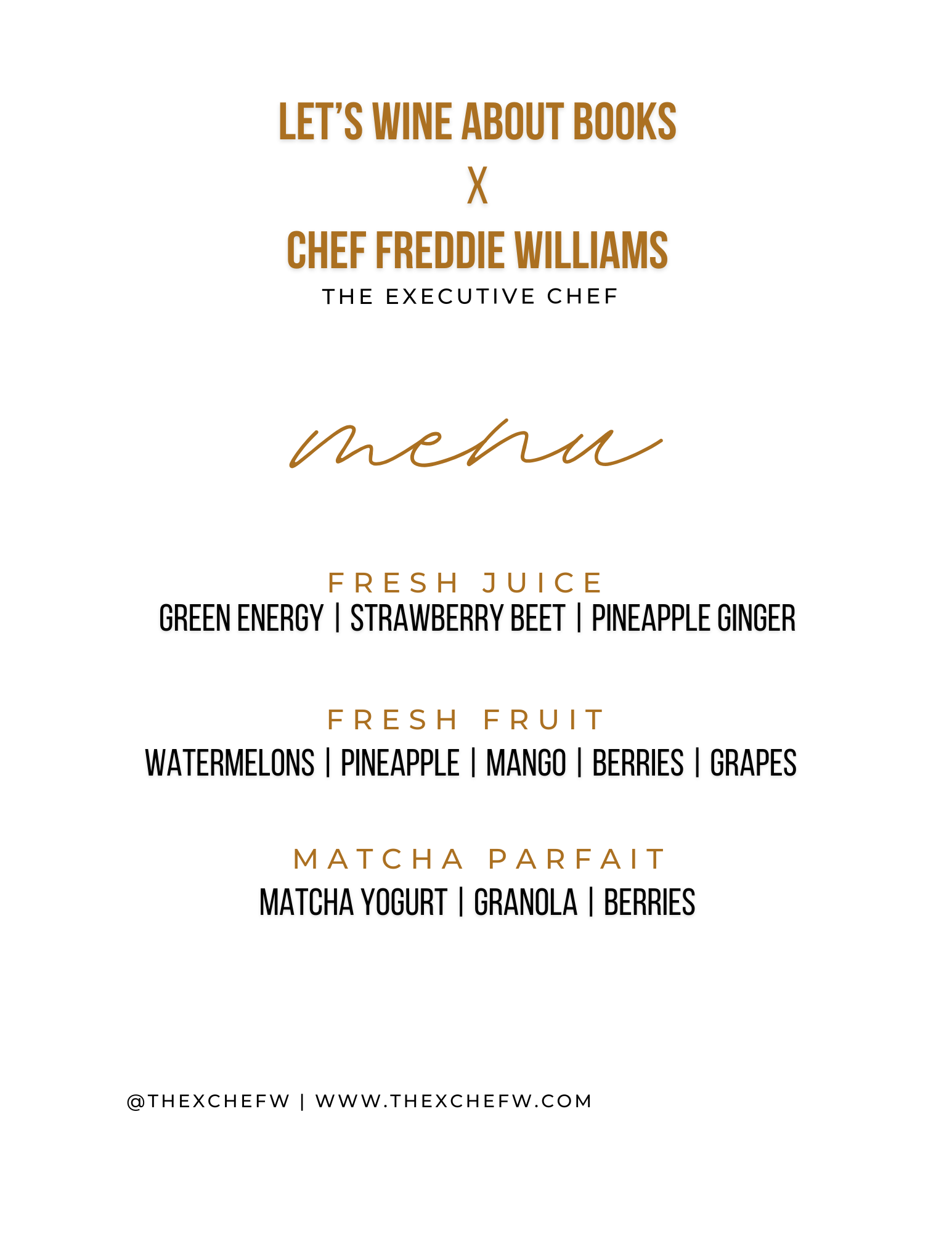 Menu with titles 'Let's Wine About Books' and features for drinks including 'Fresh Juice', 'Matcha Parfait', and a footer with website and social media information.