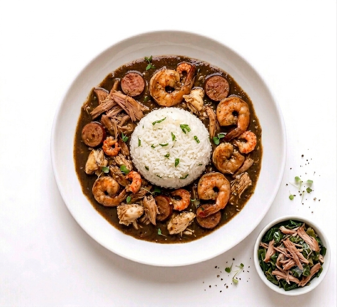 Seafood dish with shrimp, sausage, chicken, rice, and greens on a white plate.