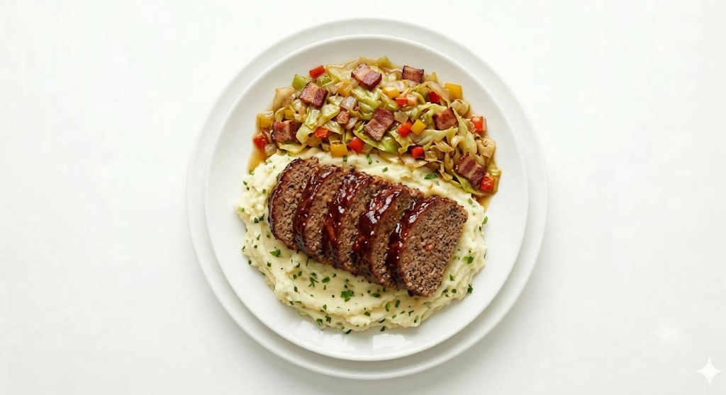 A white plate with mashed potatoes topped with chopped parsley, served with slices of meatloaf drizzled with gravy, and a side of mixed vegetables including chopped carrots, celery, and bacon pieces.