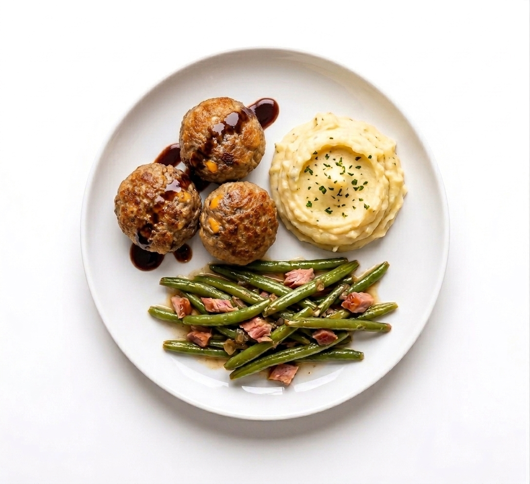 Plate with meatballs, mashed potatoes with herbs, and green beans with pieces of ham