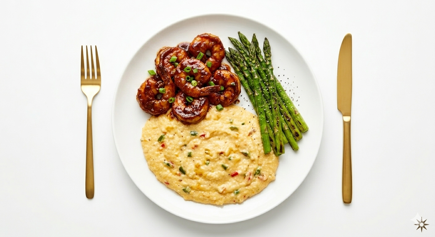 A white plate with shrimp in sauce, asparagus spears sprinkled with black pepper, and mashed potatoes with herbs, on a white background, with gold utensils.