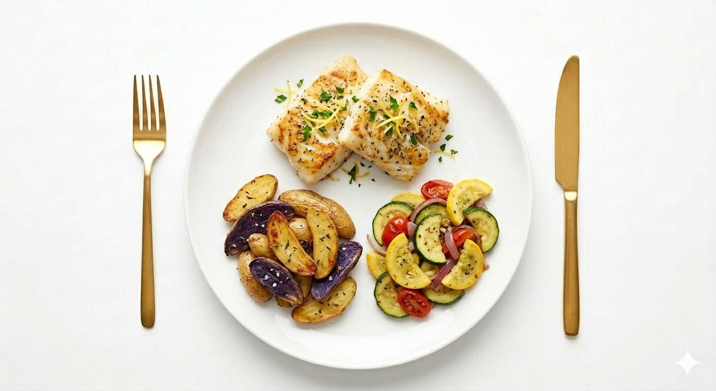 Plate with grilled fish, roasted potatoes, and cucumber tomato salad, gold fork and knife on white background.