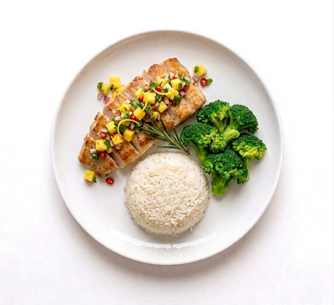 Cooked chicken breast topped with diced mango and chopped chili peppers, served with steamed broccoli florets and a mound of white rice on a white plate.