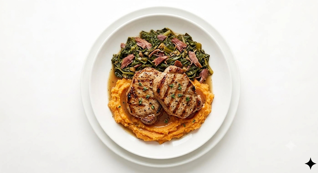 Plate with grilled pork chops, mashed sweet potatoes, and cooked greens with ham.