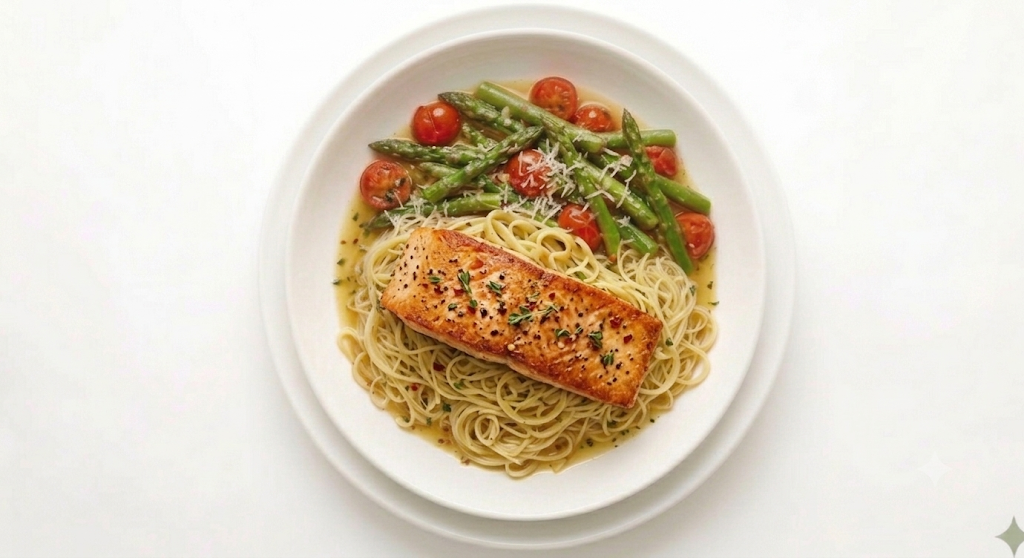 Plate of cooked spaghetti topped with a seared piece of salmon, with green beans and cherry tomatoes on the side.