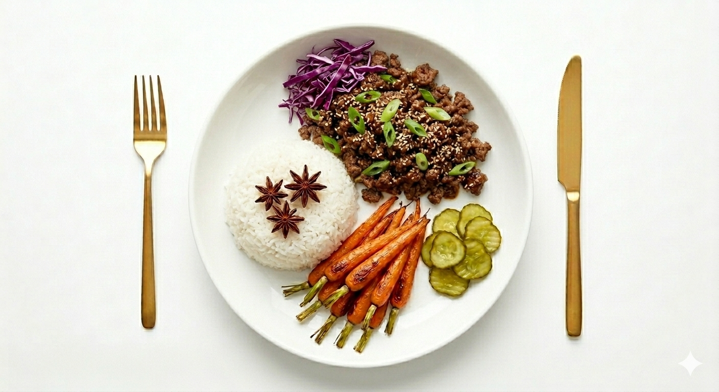 Plate of Asian-inspired food with rice, seasoned ground meat, pickled cucumber slices, roasted carrots, and shredded purple cabbage, garnished with star anise and chopped green onions, with gold fork and knife on white background.