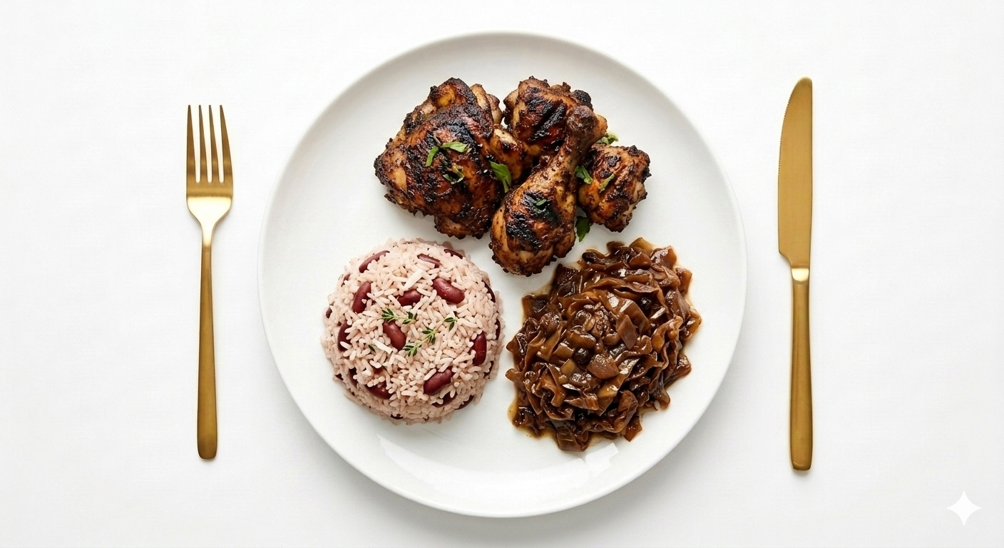 Plate of grilled chicken drumsticks, rice with kidney beans, and sautéed mushrooms, with gold-colored fork and knife on white background.