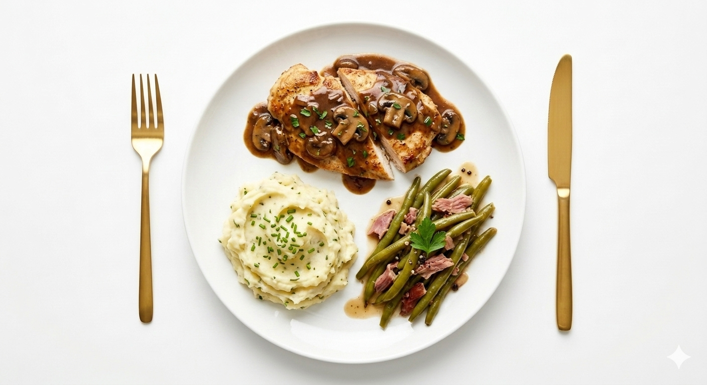 A white plate with chicken topped with mushroom gravy, mashed potatoes garnished with chopped chives, and green beans with sliced ham and a sprig of parsley. Silver fork and gold knife placed on either side of the plate on a white background.
