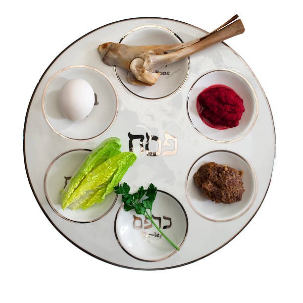 A traditional Passover Seder plate featuring kosher items such as matzo, maror, and charoset, meticulously prepared by My Jewish Chef for your Passover celebration.