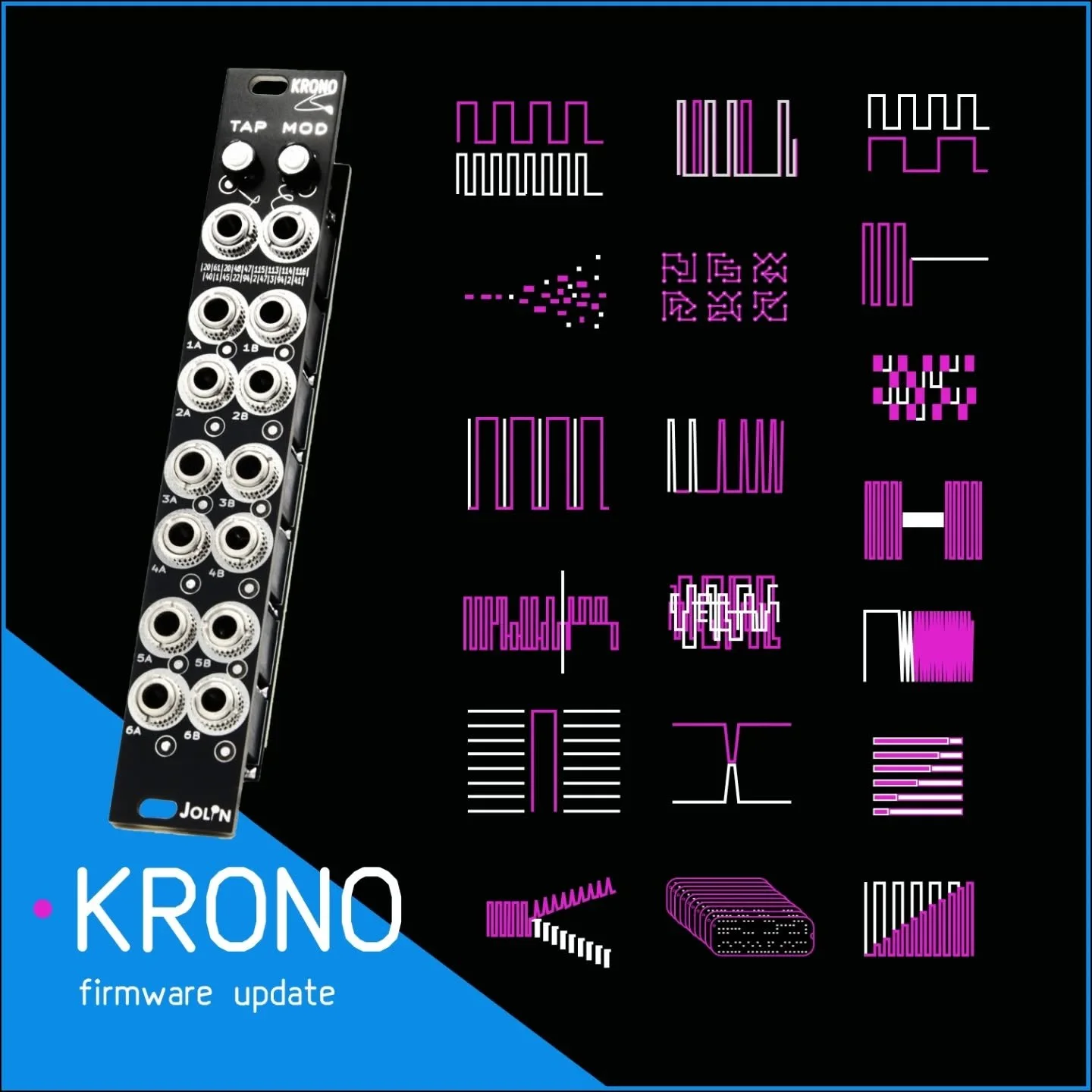Krono v1.4 is out 🕔

Krono is a 4HP multi-modal clock and rhythm generator. V1.4 triples its mode count &mdash; from 10 to 30.

20 new modes:
- &beta; Beta (11&ndash;20): drum patterns that breathe &mdash; fixed grids, drift, fill, skip, stutter, mo