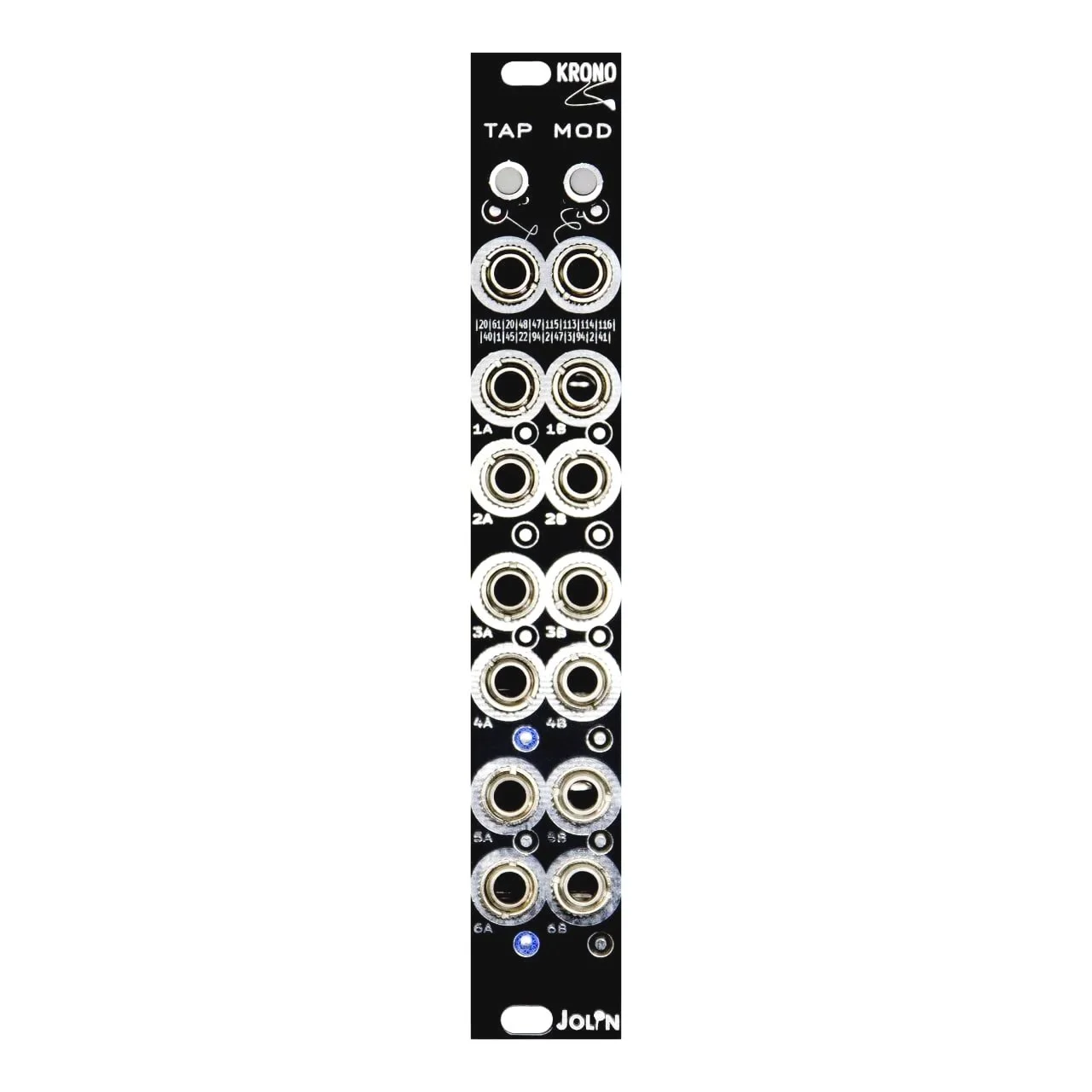 KRONO - 4HP programmable multi-mode clock and rhythm generator module featuring tap tempo, state persistence, CV group swap and 12 independent outputs FRONT