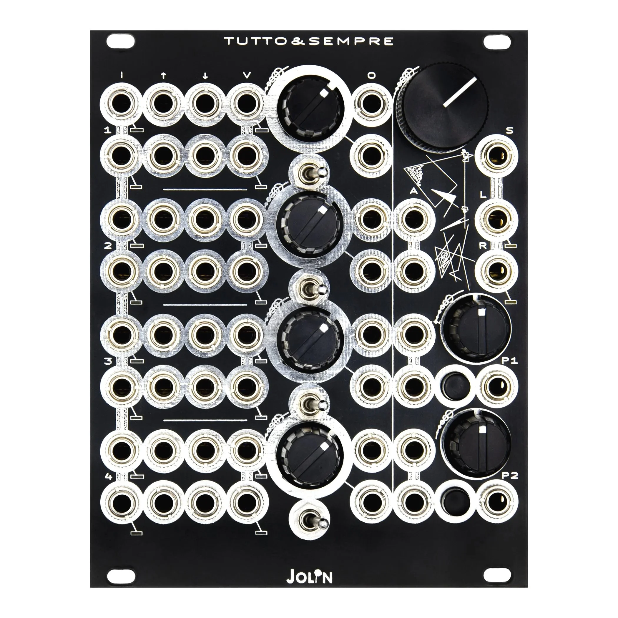 TUTTO&SEMPRE - 4 stereo channels performance mixer with an active patchbay, individual VCAs and outputs, clickless mutes and two high fidelity headphones drivers with switchable stereo inserts FRONT