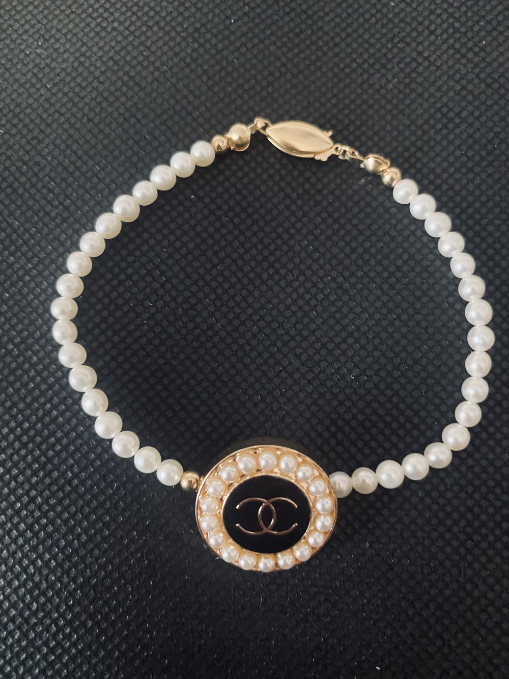 Black Chanel Button Bracelet Surrounded by Small Pearls — Designs by Pat  Studio