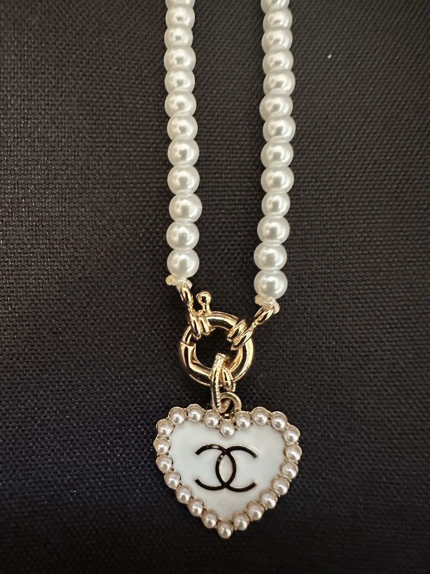 White Chanel Heart Necklace on Pearls — Designs by Pat Studio