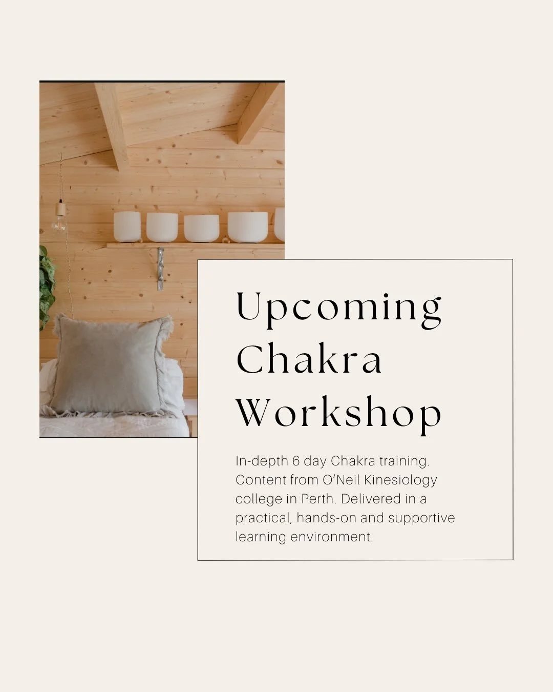 ** Upcoming Chakra Training &amp; Workshop **

Join me for an in-depth 6-day Chakra Training. 

Content from ONeil Kinesiology College (Perth). This comprehensive workshop blends ancient energetic wisdom with Functional Kinesiology, delivered in a pr
