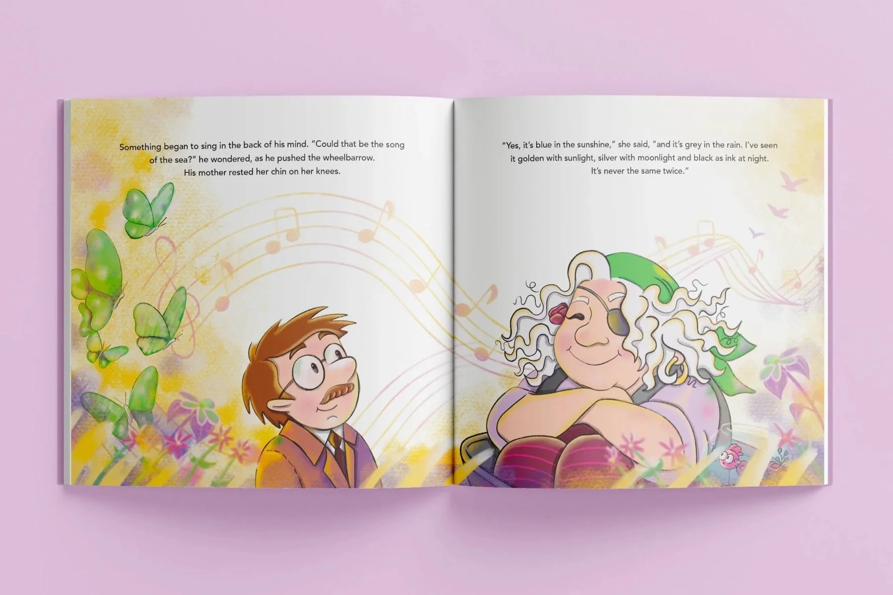 Children's book concept illustration spread Pirate mother and son