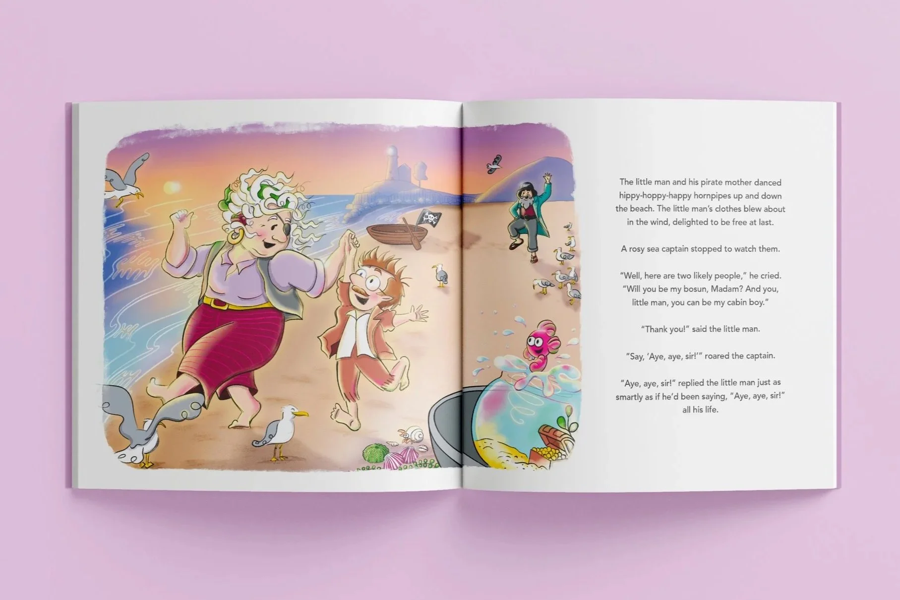 Children's book concept illustration spread Pirate mother and son on beach dancing sunset