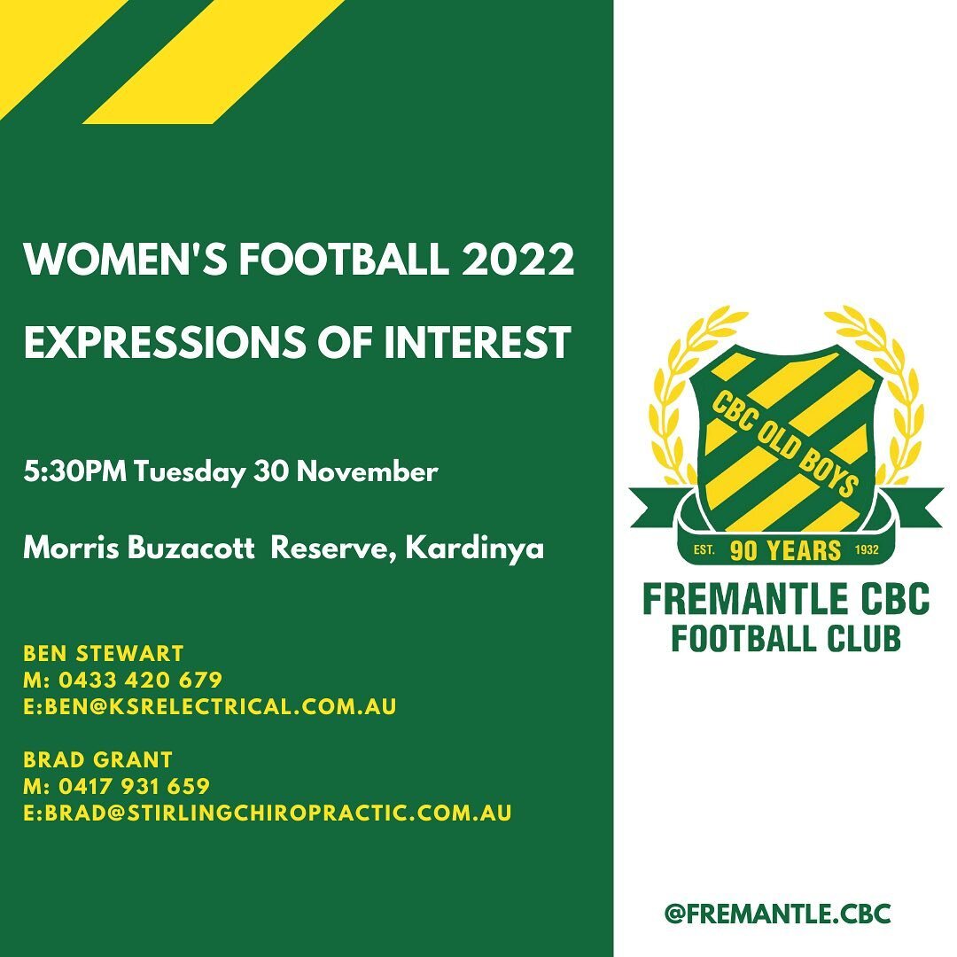CBC Fremantle are currently registering expressions of interest in fielding our inaugural women&rsquo;s team in 2022. 
We welcome women of all ages and skill level to Morris Buzacott Reserve at 5:30PM on Tuesday the 30th of November to register their