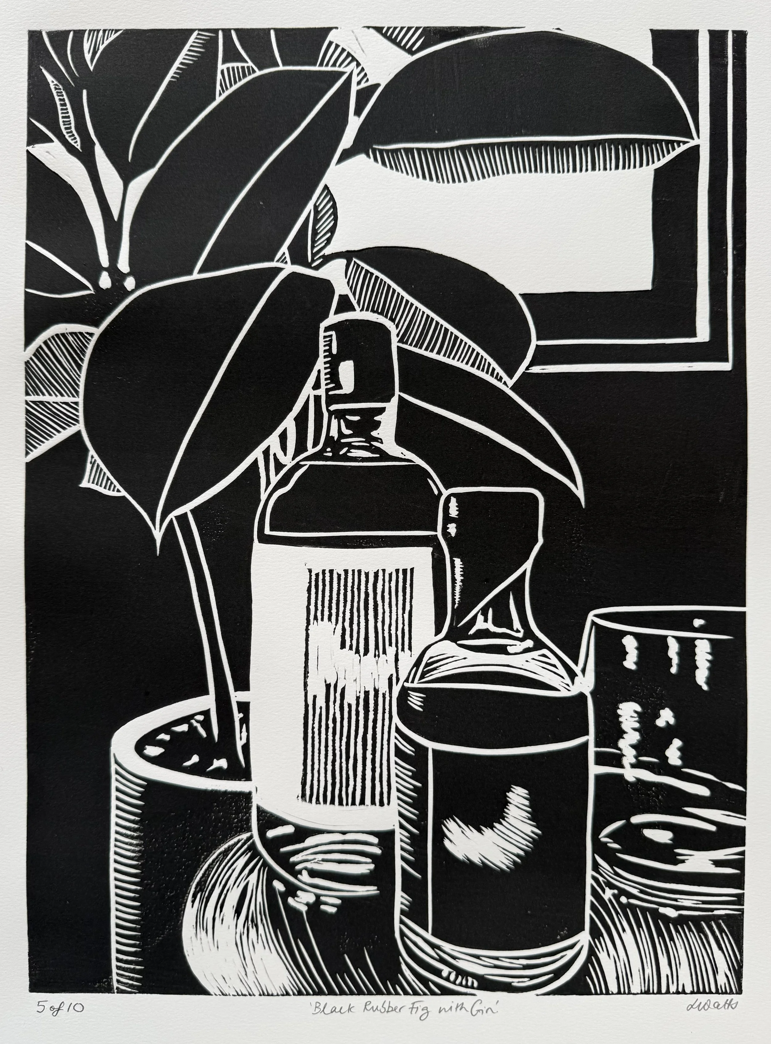Rubber Fig with Gin, Edition 5 of 10, Linocut, 2023