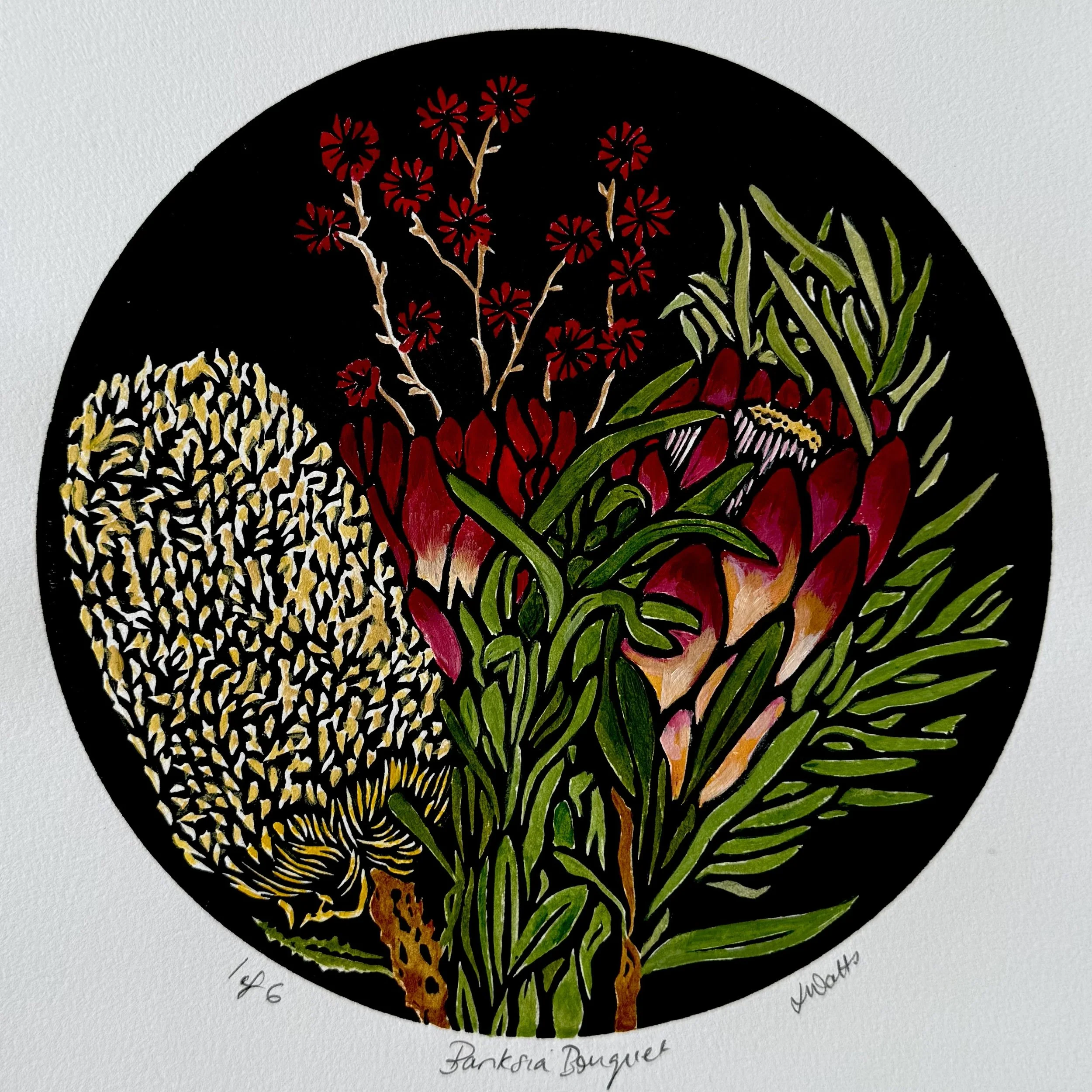 Banksia Bouquet - Hand Coloured Linocut