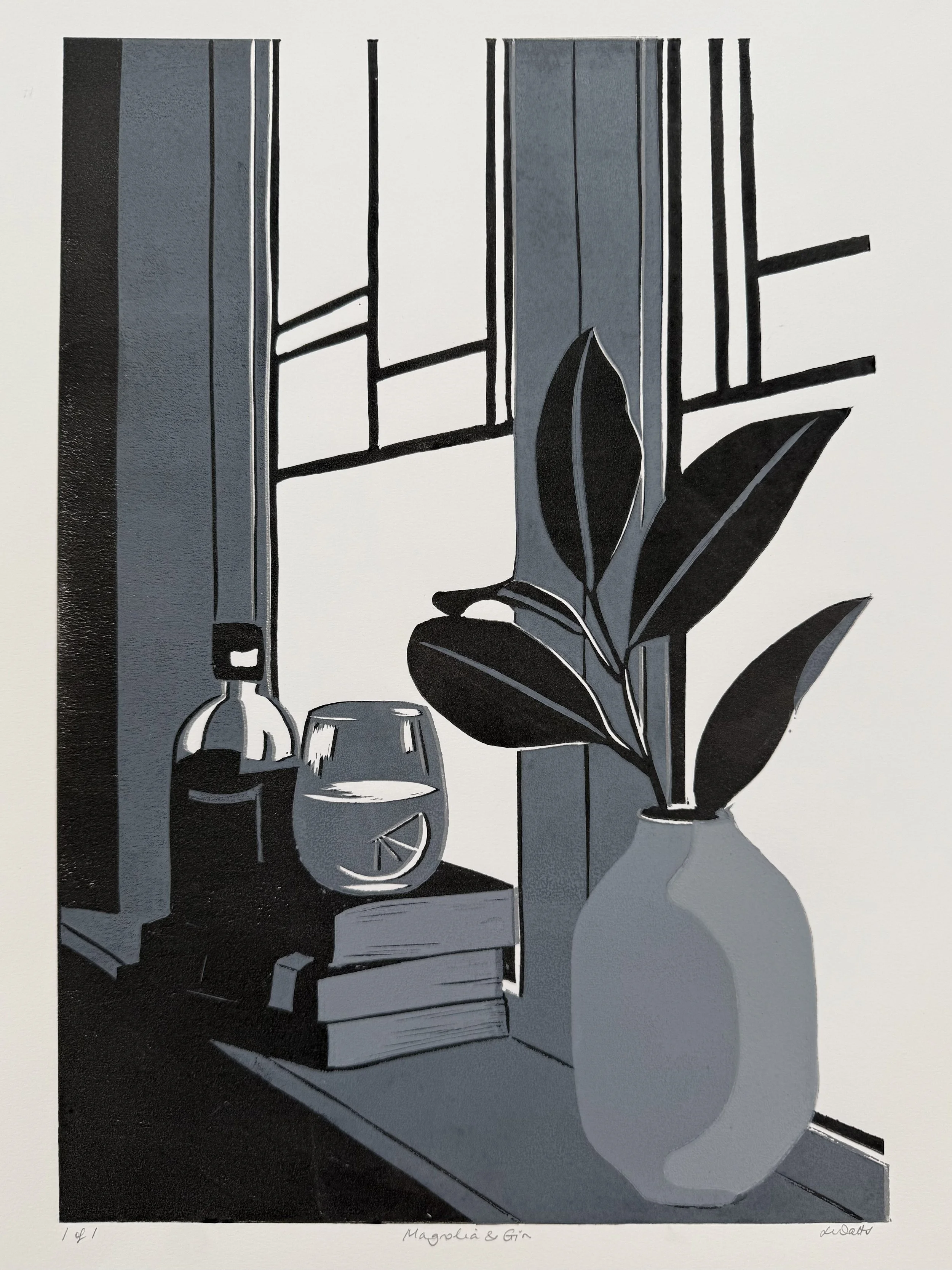 Magnolia & Gin, Edition 1 of 1,  Reduction linocut, 2025