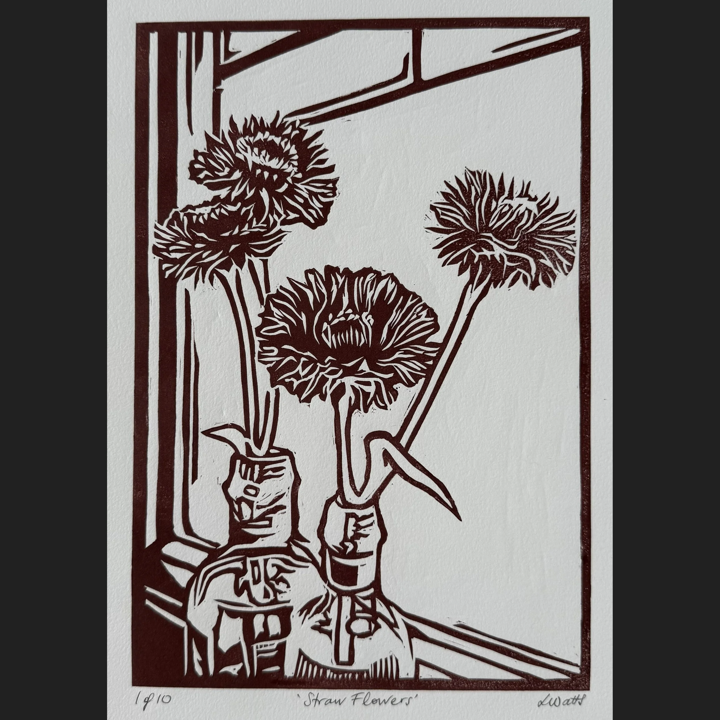 Straw flowers - Linocut Print