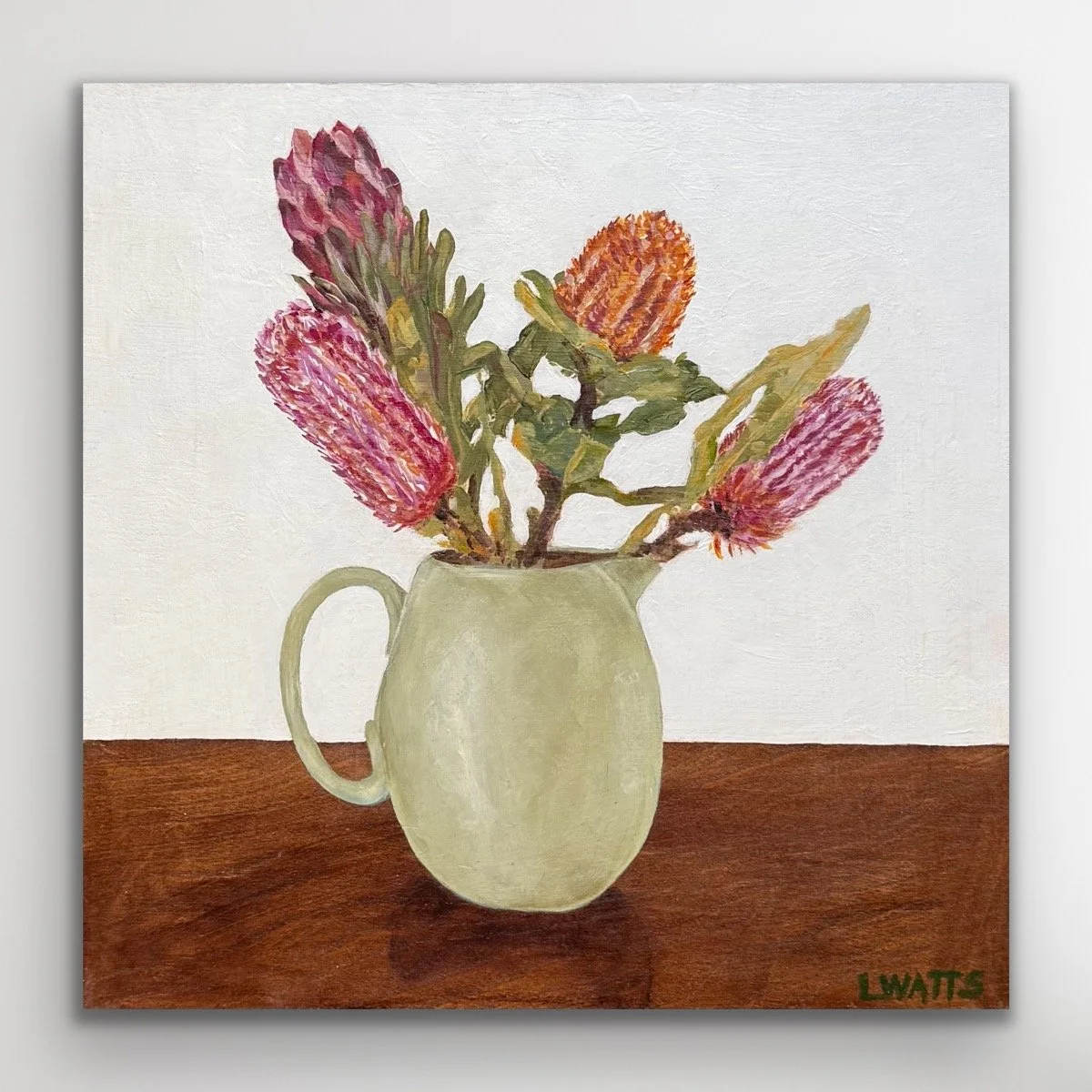 Banksias and Protea in Green Jug - Acrylic Painting on Wooden Panel