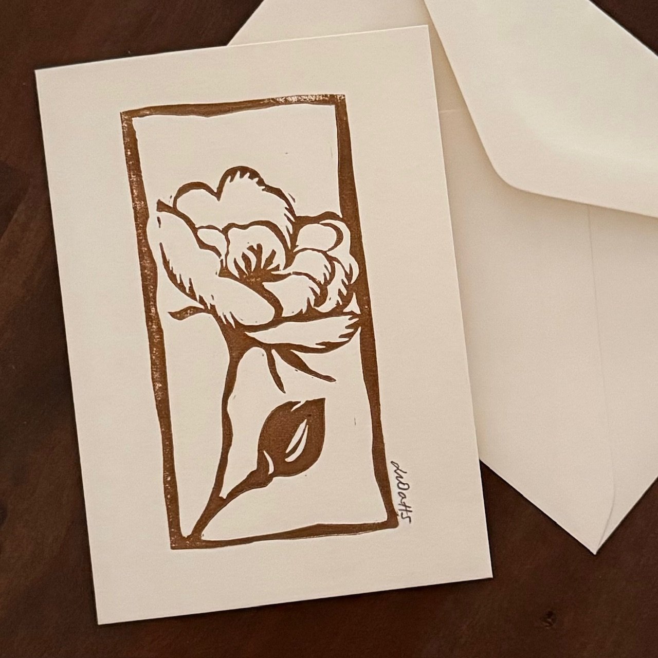 Sepia Rose, Lino Print Card, Hand Carved and Printed, Rectangular Greeting Card