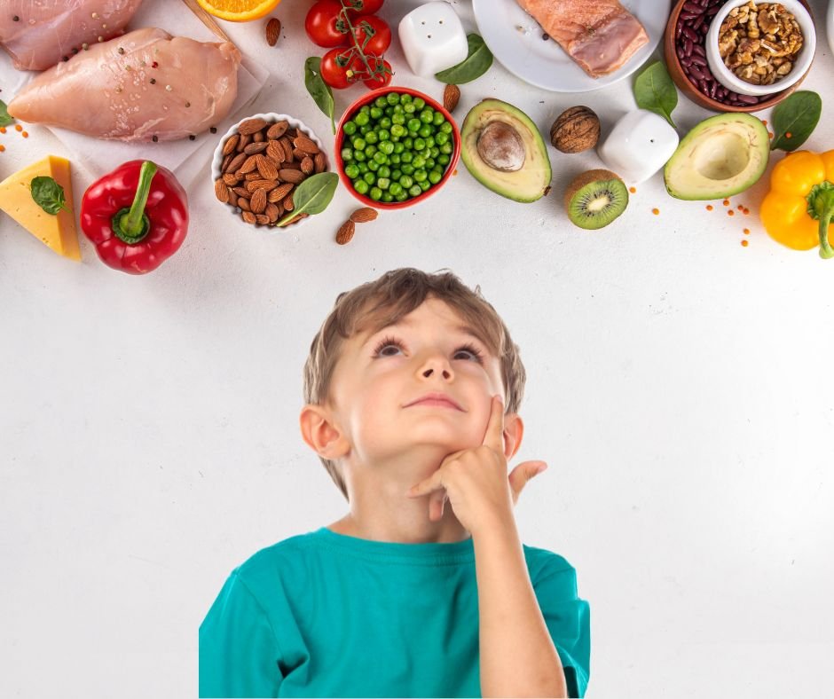 Child looking up at several healthy foods above their head