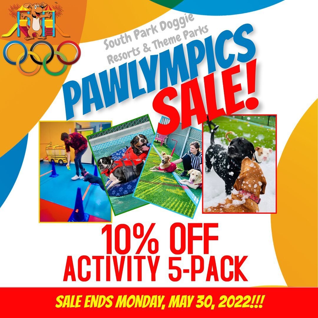 Our very first Pawlympics 🐾 is just around the corner with opening ceremony being at @southparkdoggie_doggieland on June 11th from 11AM-4PM 🥇

For a limited time only purchase an activity pack 🥅🐶 and save 10% off! Sale ends Monday, May 30th, 2022