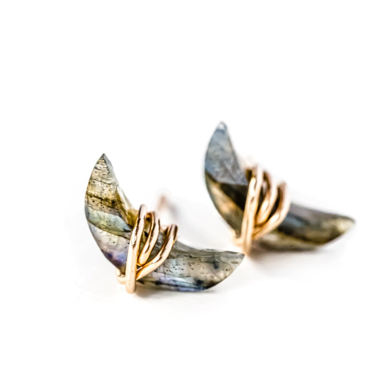 Moon shaped gemstone wire wrapped earring studs for product photography