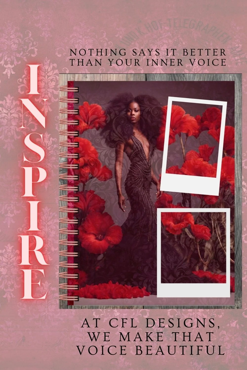Handmade Digital Junk Journal with blank junk pages, original AI fashion art with Hibiscus flowers.