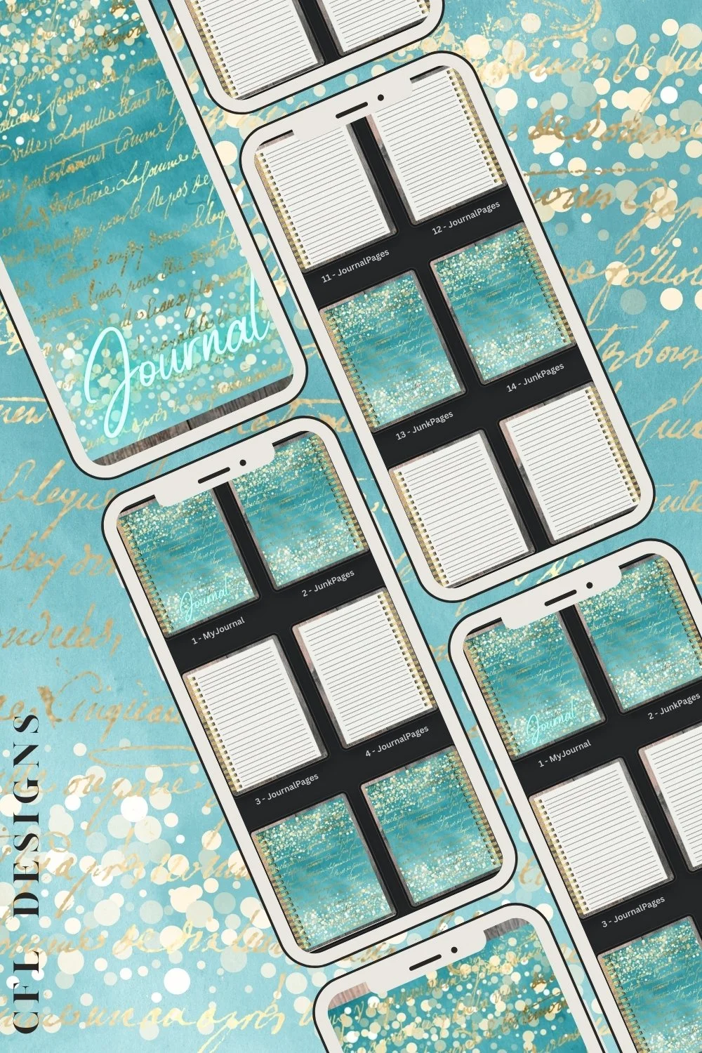 Handmade Digital Junk Journal with Turquoise & Gold pages. Designed for seamless integration with top annotation apps like GoodNotes and Adobe Acrobat. iPad, Tablet, or Smartphone.