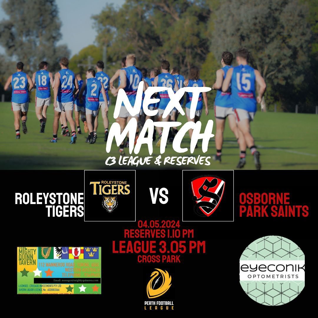 Round 5 is here.

League and Reserves make the trek up the Hill to Roleystone to verse the Tigers both teams trying to get themselves back on the winners list.

Thirds are chasing their third win on the Trott against Mosman Park down at Tom Perrott R