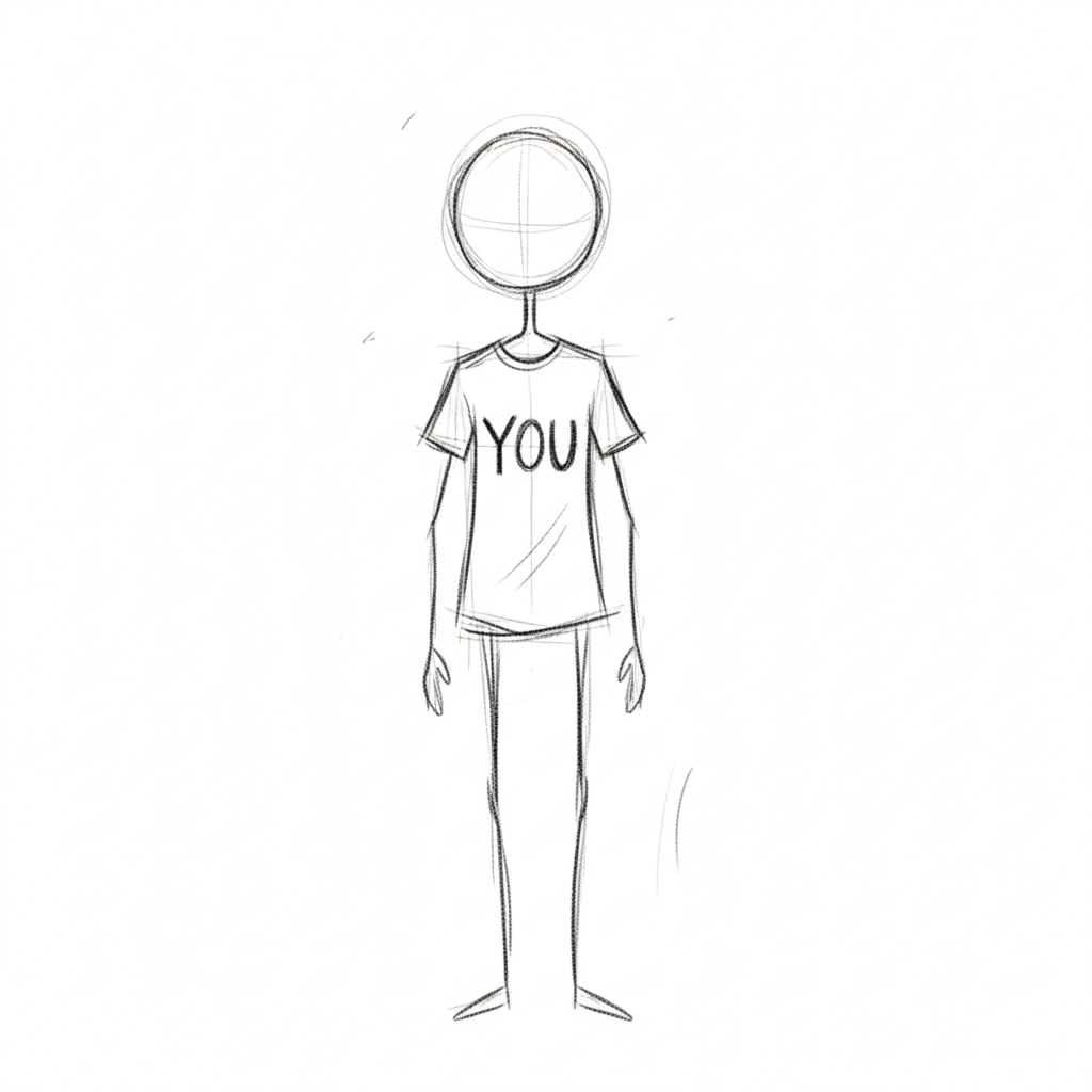 Visual of stick figure wearing t-shirt that says YOU