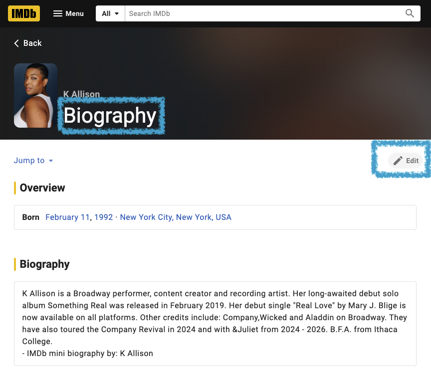 Screenshot to answer "How can I delete or update my biography?" on IMDb