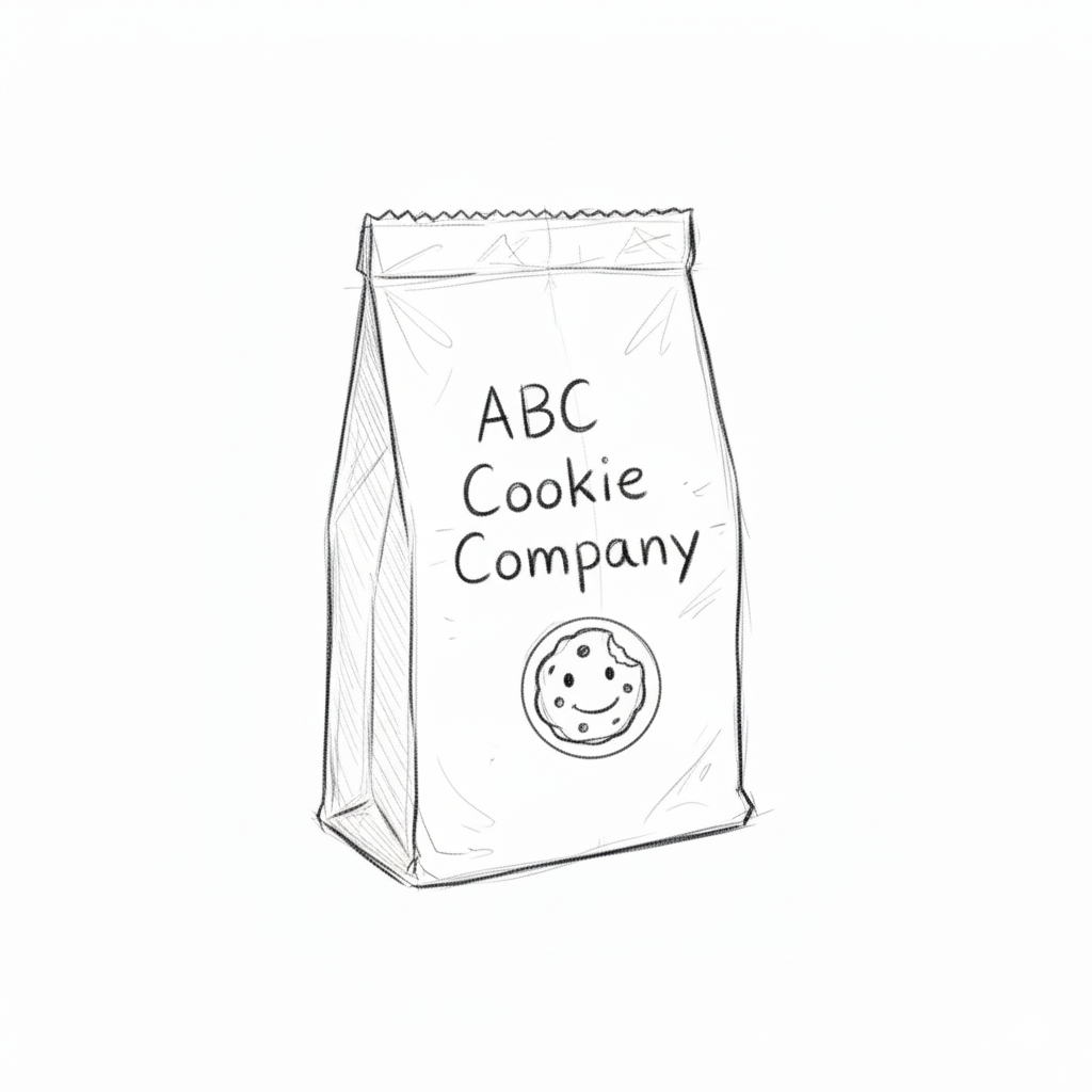 Visual of black and white sketch of product - bag of cookies from ABC Cookie Company