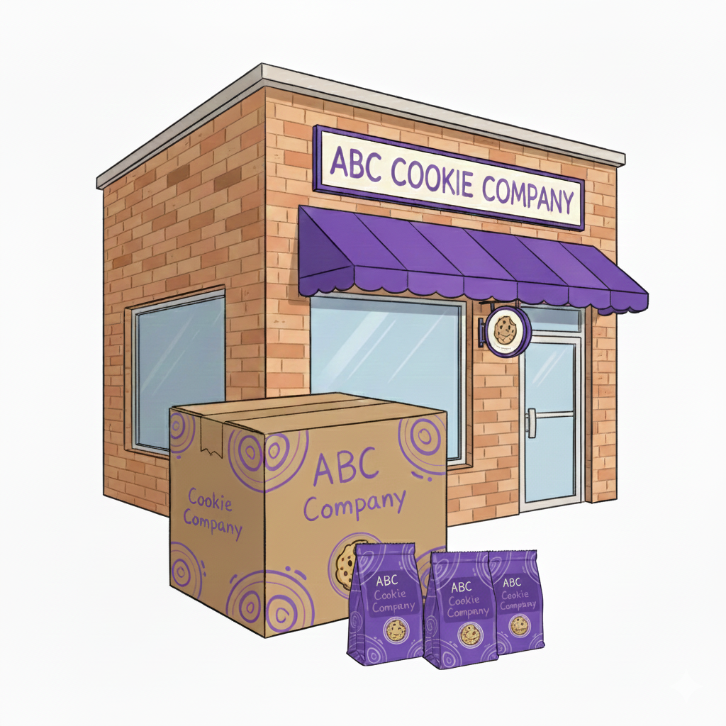 Visual of vibrant and colorful bag of cookies from ABC Cookie Company next to big box showing bulk orders and also a brick-and-mortar storefront for ABC Cookie Company