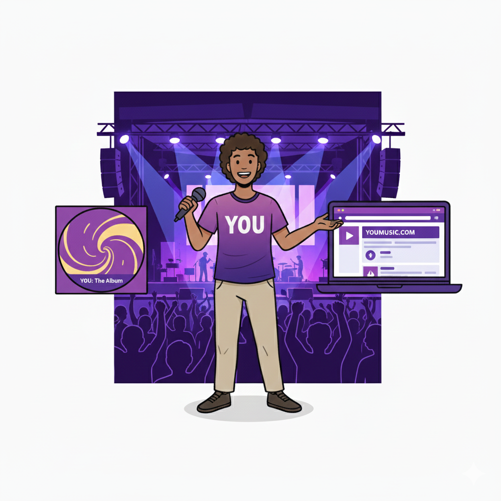 Visual of artist with album, website, and concert stage behind them.
